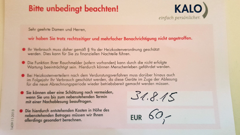 Die Benachrichtigung die ich erhalten habe nachdem ich zum zweiten Mal tagsüber statt in meiner Wohnung auf der Arbeit war